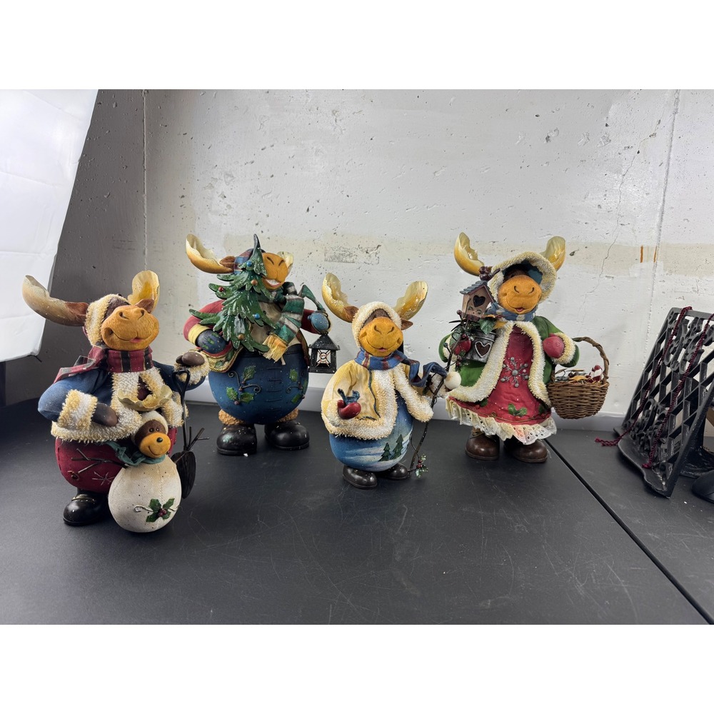 Set of 4 Christmas Moose Figurines Rustic Winter Holiday Decor Folk Art Style